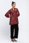 Shop_ABRAHAM AND THAKORE_Burgundy Chanderi Embroidered Sequin Notched Mandarin Collar Butta Top _Online_at_Aza_Fashions