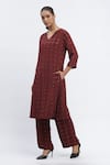 Abraham & Thakore_Maroon Chanderi Printed Geometric V Neck Sequin Embroidered Kurta _Online_at_Aza_Fashions