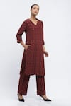 Buy_Abraham & Thakore_Maroon Chanderi Printed Geometric V Neck Sequin Embroidered Kurta _Online_at_Aza_Fashions