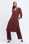 Shop_Abraham & Thakore_Maroon Chanderi Printed Geometric V Neck Sequin Embroidered Kurta _Online_at_Aza_Fashions