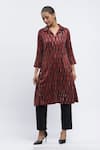 Shop_Abraham & Thakore_Maroon Chanderi Printed Geometric Collared Kurta _Online_at_Aza_Fashions