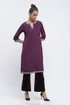 Buy_Abraham & Thakore_Purple Crepe Embroidered Bead Notched Kurta _at_Aza_Fashions