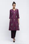 Buy_ABRAHAM AND THAKORE_Purple Chanderi Embroidered Sequin V Neck Floral Butta Kurta _at_Aza_Fashions