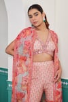 Buy_Dheeru Taneja_Pink Muslin Silk Printed Floral V Neck Gulbahar Cape Sharara Set _Online_at_Aza_Fashions