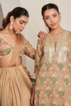 Dheeru Taneja_Gold Chiffon Embroidered Bead Leaf Zainab Pre-draped Saree With Blouse _at_Aza_Fashions