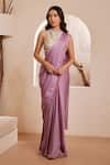 Dheeru Taneja_Purple Raw Silk Embroidered Cutdana Halter Summaya Pre-draped Saree With Blouse _Online_at_Aza_Fashions