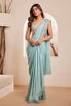 Buy_Dheeru Taneja_Blue Silk Embroidered Cutdana Sweetheart Asma Pre-draped Saree With Blouse _at_Aza_Fashions