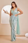 Dheeru Taneja_Green Metallic Satin Embroidered Cutdana V Maryam Pre-draped Saree With Blouse _Online_at_Aza_Fashions