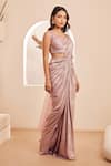 Dheeru Taneja_Rose Gold Metallic Satin Embroidered Sayrah Pre-draped Saree With Blouse _Online_at_Aza_Fashions