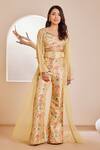 Buy_Dheeru Taneja_Yellow Raw Silk Embroidered Cutdana Sweetheart Mehr Embellished Cape Pant Set _at_Aza_Fashions