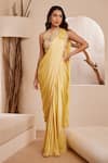 Buy_Dheeru Taneja_Yellow Dupion Silk Embroidered Cutdana Round Alnaz Pre-draped Saree With Blouse _at_Aza_Fashions