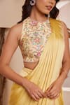 Buy_Dheeru Taneja_Yellow Dupion Silk Embroidered Cutdana Round Alnaz Pre-draped Saree With Blouse _Online_at_Aza_Fashions