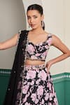 Dheeru Taneja_Black Dupion Silk Embroidered Cutdana Leaf Saanj Floral Print Lehenga Set _Online_at_Aza_Fashions