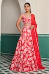 Buy_Dheeru Taneja_Red Dupion Silk Embroidered Cutdana Leaf Miraya Floral Print Lehenga Set _at_Aza_Fashions