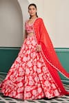 Buy_Dheeru Taneja_Red Dupion Silk Embroidered Cutdana Leaf Miraya Floral Print Lehenga Set _Online_at_Aza_Fashions