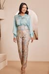 Buy_Dheeru Taneja_Blue Dupion Silk Printed Floral Collared Zaena Plain Shirt And Pant Set _at_Aza_Fashions