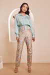 Shop_Dheeru Taneja_Blue Dupion Silk Printed Floral Collared Zaena Plain Shirt And Pant Set _at_Aza_Fashions