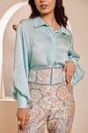 Buy_Dheeru Taneja_Blue Dupion Silk Printed Floral Collared Zaena Plain Shirt And Pant Set _Online_at_Aza_Fashions