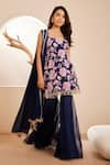 Buy_Dheeru Taneja_Blue Crepe Printed Floral Scoop Mira Embroidered Kurta Sharara Set _at_Aza_Fashions