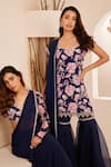 Shop_Dheeru Taneja_Blue Crepe Printed Floral Scoop Mira Embroidered Kurta Sharara Set _Online_at_Aza_Fashions