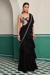 Dheeru Taneja_Black Georgette Print Nargis Floral Embroidered Pre-draped Saree With Blouse _Online_at_Aza_Fashions