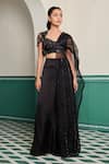 Dheeru Taneja_Black Satin Hand Embroidery Cutwork Chandini Beads Pallu Blouse With Pant Saree _Online_at_Aza_Fashions