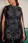 Dheeru Taneja_Black Organza Hand Embroidery Floral Close Zahra Cutdana Slit Sleeve Cape _Online_at_Aza_Fashions