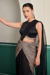 Buy_Dheeru Taneja_Beige Muslin Silk Print Geometric Kamini Pre-draped Saree With Tassel Blouse _Online_at_Aza_Fashions