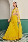 Dheeru Taneja_Yellow Georgette Print Kesar Ruffle Embroidered Pre-draped Saree With Blouse _Online_at_Aza_Fashions