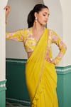 Buy_Dheeru Taneja_Yellow Georgette Print Kesar Ruffle Embroidered Pre-draped Saree With Blouse _Online_at_Aza_Fashions