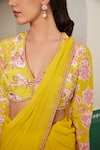 Shop_Dheeru Taneja_Yellow Georgette Print Kesar Ruffle Embroidered Pre-draped Saree With Blouse _Online_at_Aza_Fashions