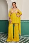 Buy_Dheeru Taneja_Yellow Crepe Print Floral Sunehra Pearl Embroidered Peplum Kurta And Sharara Set _at_Aza_Fashions