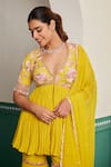 Buy_Dheeru Taneja_Yellow Crepe Print Floral Sunehra Pearl Embroidered Peplum Kurta And Sharara Set _Online_at_Aza_Fashions