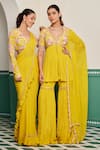 Dheeru Taneja_Yellow Crepe Print Floral Sunehra Pearl Embroidered Peplum Kurta And Sharara Set _at_Aza_Fashions