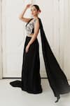 House of Anmol Jain_Black Satin Hand Embroidered Sequin Midnight Glamour Draped Blouse With Skirt _at_Aza_Fashions