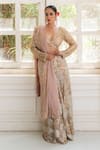 Buy_House of Anmol Jain_Rose Gold Drape Saree And Blouse Net Hand Embroidered Sequin Plunge-v Set _at_Aza_Fashions