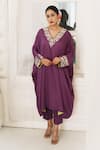 Buy_House of Anmol Jain_Purple Satin Hand Embroidered Cutdana V-neck Amethyst Kurta With Pant _at_Aza_Fashions