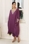 Shop_House of Anmol Jain_Purple Satin Hand Embroidered Cutdana V-neck Amethyst Kurta With Pant _at_Aza_Fashions