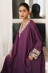 House of Anmol Jain_Purple Satin Hand Embroidered Cutdana V-neck Amethyst Kurta With Pant _Online_at_Aza_Fashions