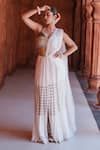 Buy_House of Anmol Jain_Off White Satin Hand Embroidered Beads Divya Cutdana Pre-draped Saree Set _at_Aza_Fashions