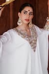 Buy_House of Anmol Jain_White Satin Hand Embroidered Cutdana V-neck Ratna Floral Kurta With Pant _Online_at_Aza_Fashions