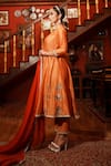 House of Anmol Jain_Orange Anarkali Chanderi Silk Hand Embroidered Patch Work Round Pant Set _Online_at_Aza_Fashions