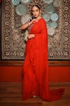 Shop_House of Anmol Jain_Red Pre-draped Saree Organza Hand Embroidered Pearl V-neck With Blouse _Online_at_Aza_Fashions