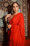 Buy_House of Anmol Jain_Red Pre-draped Saree Organza Hand Embroidered Pearl V-neck With Blouse 