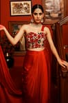 Shop_House of Anmol Jain_Red Pre-draped Saree Satin Hand Embroidered Flower Sweetheart With Blouse _Online_at_Aza_Fashions