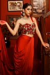 House of Anmol Jain_Red Pre-draped Saree Satin Hand Embroidered Flower Sweetheart With Blouse _at_Aza_Fashions