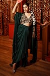 Buy_House of Anmol Jain_Green Skirt And Blouse Modal Satin Hand Embroidered Beads Draped & Cape Set _at_Aza_Fashions