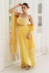 Shop_House of Anmol Jain_Yellow Skirt And Bustier Satin Hand Embroidered Pearl Square Cowl Draped & Set _at_Aza_Fashions