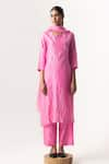 Buy_Naina Jain_Pink Silk Embroidered Mirror Notched Bandhani Work Kurta Pant Set _at_Aza_Fashions