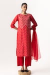 Buy_Naina Jain_Red Silk Embroidered Mirror Round Chevron Pattern Bandhani Kurta Pant Set _at_Aza_Fashions